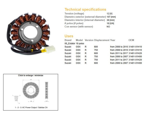 СТАТОР ОБМОТКИ ГЕНЕРАТОРА DZE SUZUKI GSX 600R/750R '08-17 (OEM 31401-01H20)