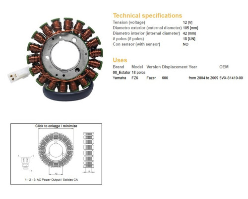 СТАТОР ОБМОТКИ ГЕНЕРАТОРА DZE YAMAHA FZ6 FAZER '04-09 (OEM 5VX-81410-00)