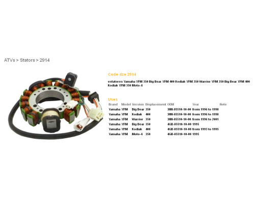 СТАТОР ОБМОТКИ ГЕНЕРАТОРА DZE YAMAHA YFM 350 BIG BEAR '95-98, WARRIOR '96-'01, KODIAK 400 '93-'98 (ESG434) (OEM-3HN-8510-10-00, OEM-4GB-85510-1