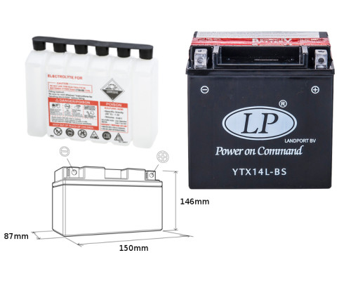 Landport батарея ytx14l-bs (ma ltx14l-bs) 12v 12ah 152x88x147 (harley davidson 883/1200) не обслуговується - електроліт окремо (4) eu2019/1148