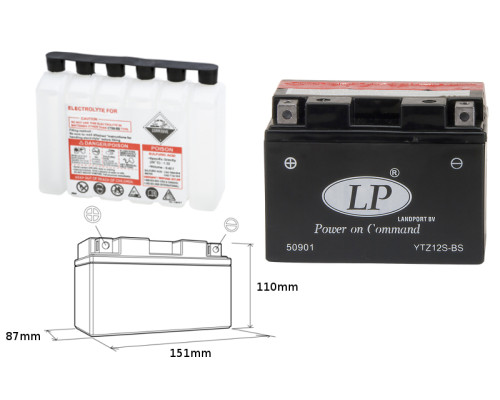 Батарея landport ytz12s-bs (ma ltz12s-bs) 12v 11ah 150x87x110 (gtz12s) не обслуговується - електроліт окремо (4) ue2019/1148