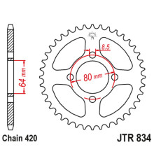 Jt задня зірочка 834 35 yamaha ttr 90 '00-07, ttr 110 '08-16, v70/v75 '76-77, v90 '75-78, lb 80 '76-77, yb 100e '80-94 (83435jt) (ланцюг 420)