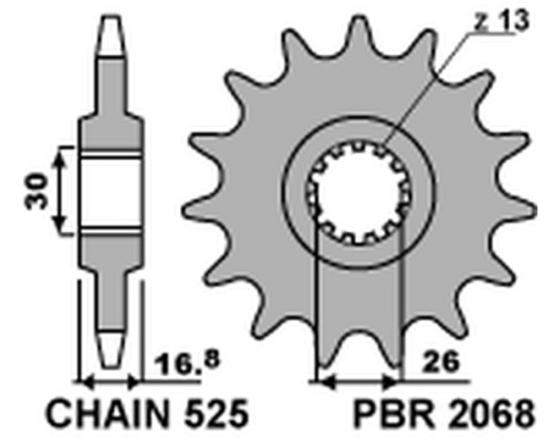Зірочка передня pbr 2068 16 honda cbr 600f '99-'14, cbr 600rr '03-'16, cbf 600 (jtf1370.16) (ланцюг 525) (206816jt)