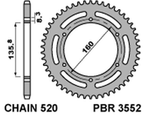 Pbr алюмінієва задня зірочка (ergal) 3552 38 aprilia etx 125 '84 bmw g310 r '16-'20 (-2) (ланцюг 520) колір сріблистий