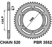 Pbr алюмінієва задня зірочка (ergal) 3552 38 aprilia etx 125 '84 bmw g310 r '16-'20 (-2) (ланцюг 520) колір сріблистий