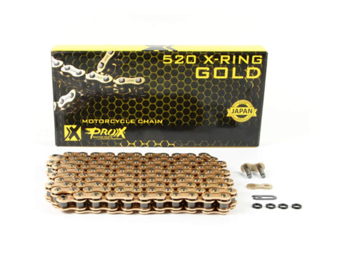 Приводний ланцюг prox 520 x-ring gold 120 ланк золотого кольору (відкрита + зажим) (37.8kn)