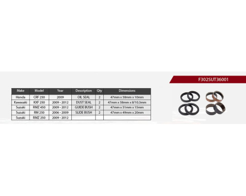 Ремокомплект переднього амортизатора showa 2024/07 honda crf 250 '09, kawasaki kxf 250 '09-'12, suzuki rmz 450 '09-'12, rm 250 '06-'09, rmz 250 '09-'12 (сальники x 2, пилогарники x 2, підшипники x 4) (комплект для обслу