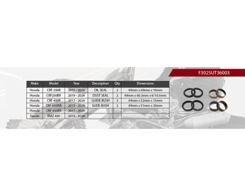 Ремкомплект переднього амортизатора showa 2024/07 honda crf 250 r '15-'24, crf 250 rx '19-'24, crf 450 r '17-'24, crf 450 rx '17-'24, suzuki rmz 450 '18-'24, (сальни x 2 , пилові ущільнення x 2, підшипники x 4) (ком