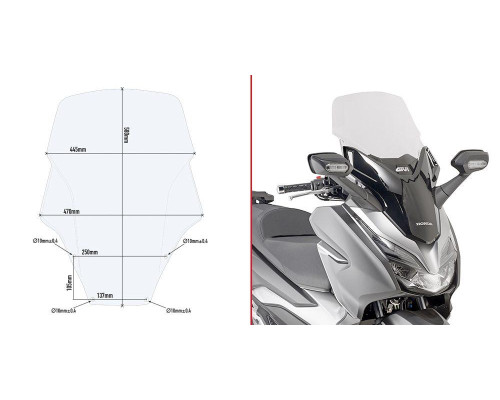 Givi, скло, прозора вітрове скло, 58 x 44,5 см, HONDA Forza 125-300 (2019), прозорий