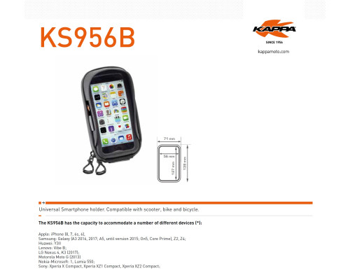 Kappa, торба на GPS/смартфон, сумісність iPhone 6/6s/7/8 Samsung Galaxy Nokia/Microsoft Sony Xperia Z, кріплення на кермо і дзеркало, чорний