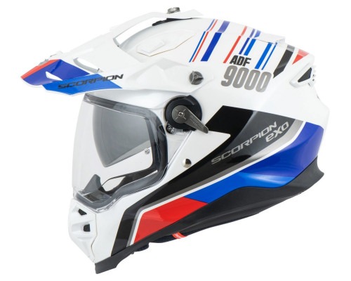 Шолом скорпіон подвійний enduro / adventure adf-9000 air desert white/blue/red колір білий/синій/червоний розмір m