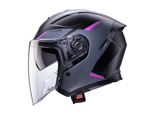 Відкритий реактивний шолом caberg flyon ii boss колір матовий чорний/сірий/фуксія (інтенсивний рожевий відтінок) розмір xs