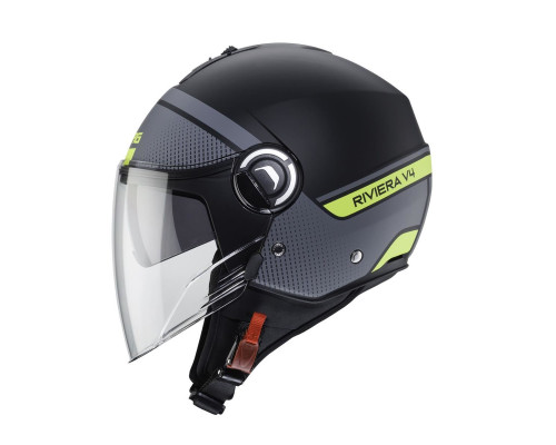 Відкритий реактивний шолом caberg з козирком модель riviera v4 elite колір матовий чорний/сірий/fluo жовтий розмір xs