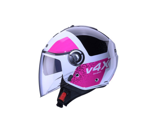 Відкритий реактивний шолом caberg з козирком модель riviera v4x alpha колір білий/чорний/фуксія (інтенсивний рожевий відтінок) розмір s