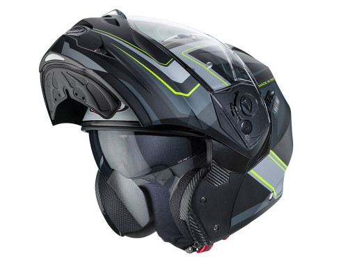 Щелепний шолом caberg модель duke ii tour (pinlock) колір чорний/сірий/жовтий fluo mat (5/5 зірок в тестах на різкість) розмір xs