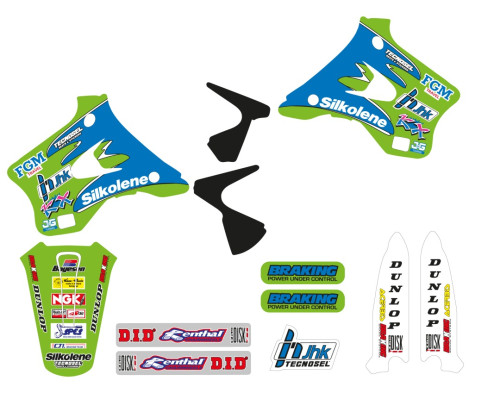 Набір наклейок tecnosel (blackbird) + чохол/накидка на сидіння kawasaki kx 125/250 '94-'98, replica team kawasaki '96