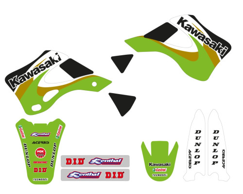 Набір наклейок tecnosel (blackbird) kawasaki kx 125/250 '99-'02, репліка oem kawasaki '00, колір зелений/чорний