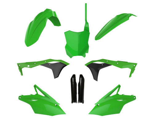 Пластиковий набір polisport (повний комплект) kawasaki kxf 250 '17-'20 передня панель (8665900001) та накладки на амортизатори (8351800002) колір зелений чорний