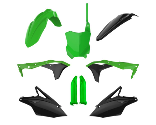 Пластиковий набір polisport (повний комплект) kawasaki kxf 250 '17-'20 передня панель (8665900001) та накладки на амортизатори (8351800005) колір зелений чорний