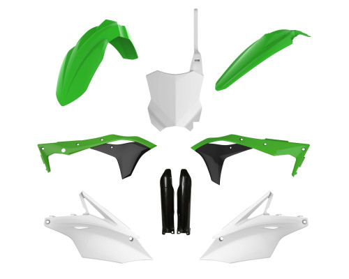 Повний комплект polisport kawasaki kxf 250 '17-'20 передня панель (8665900001) та кришки амортизаторів (8351800005) зелений чорний білий