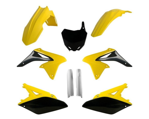 Пластиковий набір polisport (повний комплект) suzuki rmz 250 '10-'18 передня панель (8660400002) та накладки на амортизатори (8398300001) колір жовтий білий чорний