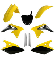 Пластиковий набір polisport (повний комплект) suzuki rmz 250 '10-'18 передня панель (8660400002) та накладки на амортизатори (8398300001) колір жовтий білий чорний