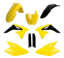 Пластиковий набір polisport (повний комплект) suzuki rmz 450 '08-'17 передня панель (8659300001) та накладки на амортизатори (8398300002) колір жовтий чорний oem