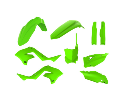 Пластиковий комплект polisport kawasaki kx 125/250 '03-'08, включаючи передню панель (8665900010) та накладки на амортизатори (8398000008) (рестайлінг на kxf 450 '22) лаймовий зелений)