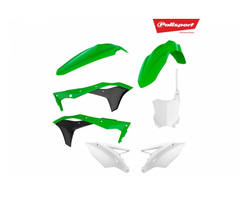Комплект пластику polisport для kawasaki kxf 250 '17-'20 в комплекті передня панель (8665900002) колір зелений білий oem