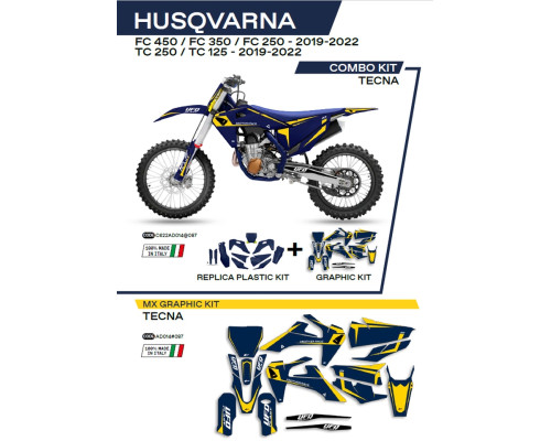 Комплект пластику UFO hukit622087 плюс набір наклейок husqvarna tc 125/250 '19-'22; fc 250/350/450 '19-'22, включаючи передню панель (hu04303) та накладки на амортизатори (hu03361), синій, tecna - роз