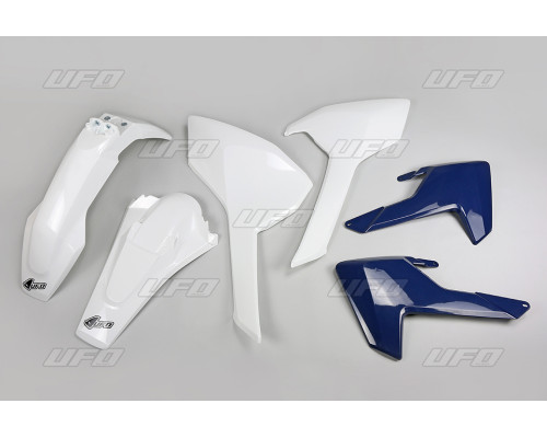 Комплект пластиковий UFO husqvarna te/tx 125/250/300 '17-19, fe 250/350/450/501 '17-19 колір oem (білий, кришки радіатора сині) (hu618e999) (hu618e999)