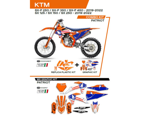 Комплект пластику UFO ktkit522127 плюс набір наклейок ktm sx/sxf 125/150/250/350/450 '19-'22, включаючи передню панель (kt04094) та накладки на амортизатори (kt04055) patriot orange - роз