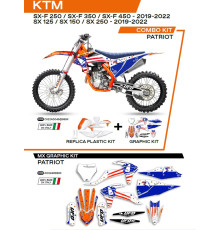 Комплект пластику UFO ktkit522999x плюс набір наклейок ktm sx/sxf 125/150/250/350/450 '19-'22, включаючи передню панель (kt04094) та накладки на амортизатори (kt04055), колір patriot oem (білий/синій) - роз