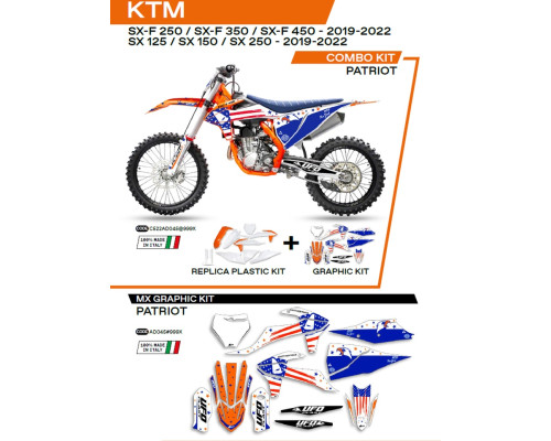 Комплект пластику UFO ktkit522999x плюс набір наклейок ktm sx/sxf 125/150/250/350/450 '19-'22, включаючи передню панель (kt04094) та накладки на амортизатори (kt04055), колір patriot oem (білий/синій) - роз