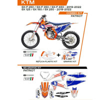 Комплект пластику UFO ktkit522999x плюс набір наклейок ktm sx/sxf 125/150/250/350/450 '19-'22, включаючи передню панель (kt04094) та накладки на амортизатори (kt04055), колір patriot oem (білий/синій) - роз