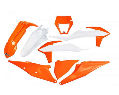 Пластиковий набір UFO ktm exc 125 '20-'21, exc 250 / 300 tpi '20-'23, exc-f 250 / 350 / 450 / 500 '20-'23 з кришкою лампи кольору oem '23 (білий/помаранчевий)