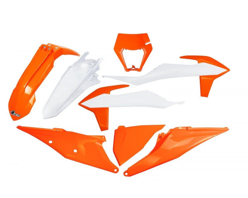 Пластиковий набір UFO ktm exc 125 '20-'21, exc 250 / 300 tpi '20-'23, exc-f 250 / 350 / 450 / 500 '20-'23 з кришкою лампи кольору oem '23 (білий/помаранчевий)