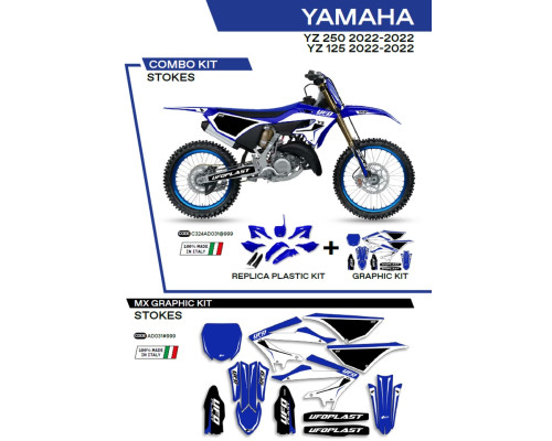 Набір пластику UFO yakit324999 плюс набір наклейок YAMAHA yz 125/250 '22 в комплекті передня панель (ya04860) та накладки на амортизатори (ya04814) колір stokes oem (синій/чорний/білий) - роз