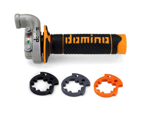 Domino rolgaz в комплекті з позашляховими ручками ktm/husqvarna/gasgas 4t (срібний корпус) колір чорний/помаранчевий