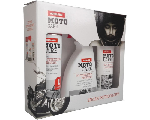 Autoland motocare подарунковий набір для мотоциклістів (засіб для очищення ланцюгів 500мл, засіб для мотоциклів 500мл, хром і алюміній 150мл) (4)