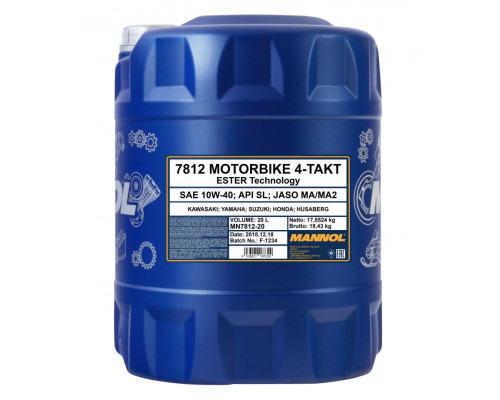 Mannol engine oil 4t motorbike 10w40 20l ester + ma2 synthetic (7812) (api sn) (48)