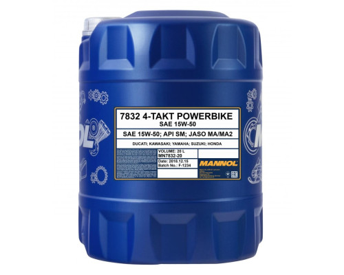 Mannol motor oil 4t motorbike 15w50 20l ester + ma2 semi-synthetic (7832)