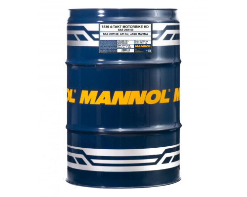 Mannol motor oil 4t motorbike hd 20w50 60l v-twin ma2 semi-synthetic (7830) - 60 л бочка