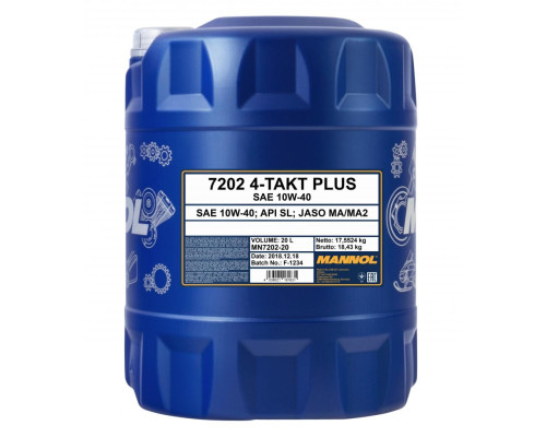 Mannol engine oil 4t plus 10w40 20l (api sl, jaso ma/ma2) напів-синтетика (7202)