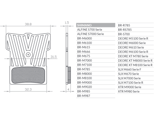 BRENTA BIKE ORGANIC ВЕЛОСИПЕДНІ ГАЛЬМІВНІ КОЛОДКИ SPORT Z RADIATOREM PASUJE DO SHIMANO XTR BR-M9000, BR-M9020, BR-M987, BR-M988, BR-M985, XT BR-M8000, BR-M785, SLX BR-M7000, DEORE BR-M615