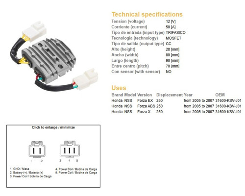 DZE NSS 250 Forza Regulator Напруги MOSFET 50A OEM 31600-KSV-J01 2005-2007 Чорний