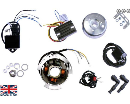 Electrex Ignition Set Повна система запалювання для ротора, магнітної котушки та генератора двигуна, регулятор напруги, котушки запалювання, ковпачки свічок BSA A50, A65, Triumph T100, T110, T120, Royal Enfield Interceptor, Norton Commando