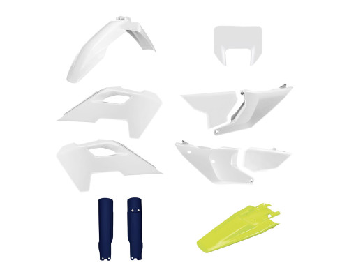 ПЛАСТИКОВИЙ КОМПЛЕКТ POLISPORT (ПОВНИЙ) HUSQVARNA TE/FE TPI '24-'25 ВКЛЮЧАЄ ЗАХИСТ ФАРИ ТА ЗАХИСТ АМОРТИЗАТОРІВ. КОЛІР: БІЛИЙ, СИНІЙ (оригінальний), '24