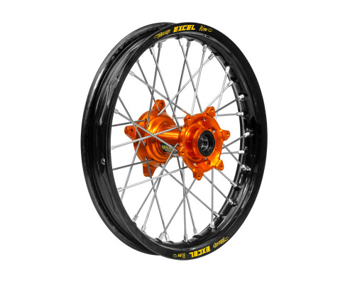 ДИСКІ REX (EXCEL) ЗАДНЄ КОЛЕСО В ПОВНОМУ РОЗМІРІ / ЗАДНІ 16 X 1.85 KTM SX85, HUSQVARNA TC85, GASGAS MC85 '25-, ЧОРНИЙ ОБІД / ЧОРНІ СПИЦІ / ПОМАРАНЧЕВА ВТУЛКА (ВИГОТОВЛЯЄТЬСЯ НА ЗАМОВЛЕННЯ)
