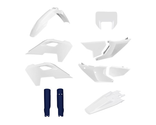 ПЛАСТИКОВИЙ КОМПЛЕКТ POLISPORT (ПОВНИЙ) HUSQVARNA TE/FE TPI '24-'25 ВКЛЮЧАЄ ЗАХИСТ ФАРИ (8681500001) ТА ЗАХИСТ АМОРТИЗАТОРІВ (8352500008) КОЛІР БІЛИЙ СИНІЙ